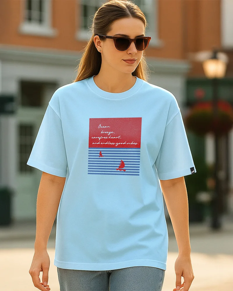 bewakoof Women's Clear Sky Blue Ocean Graphic Printed Oversized T-shirt